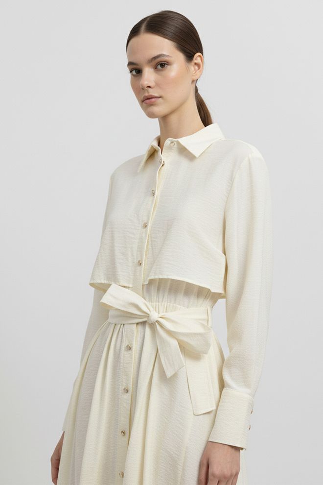 SOUL فستان بيج أنيق ميدي بقميص بأكمام طويلة ملابس بالجملة صالة