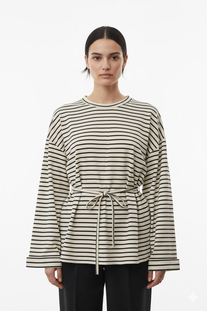 SOUL Tunique Beige Rayée À Manches Longues Avec Fermeture À Nouer Vêtements en gros Modeste