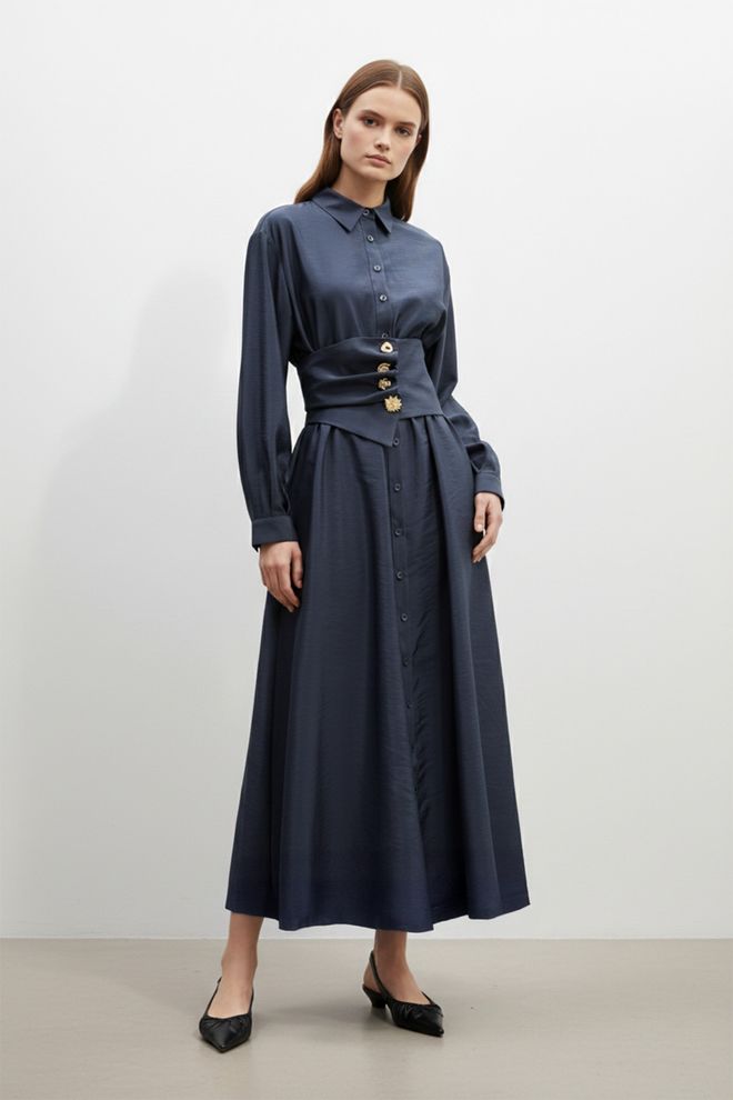 SOUL Рокля Морскосиньо Скромна Елегантна Официална Макси Тип Риза Дрехи на едро Скромна мода