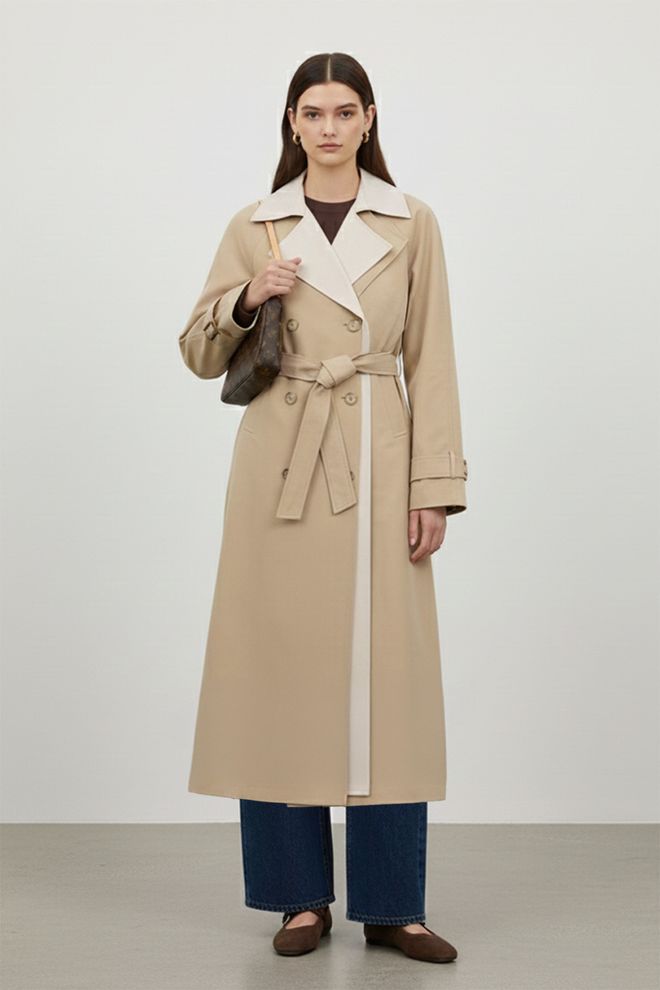 SOUL Beige Eleganter Zweireihiger Wrapover Trenchcoat Großhandelskleidung Lässig