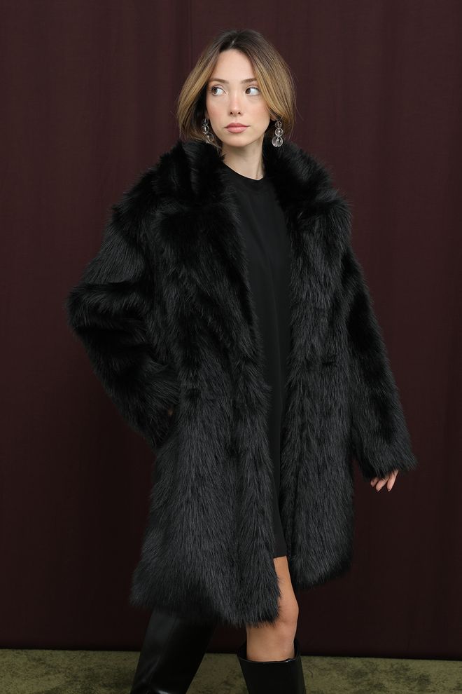 SOUL Siyah Kürk Kaban Bol Kalıp Ve Çentikli Yaka Toptan Giyim Nostaljik