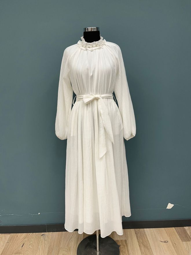 SOUL Vestito Bianco Elegante Midi A line Con Collo Alto Abbigliamento all'ingrosso Modesto