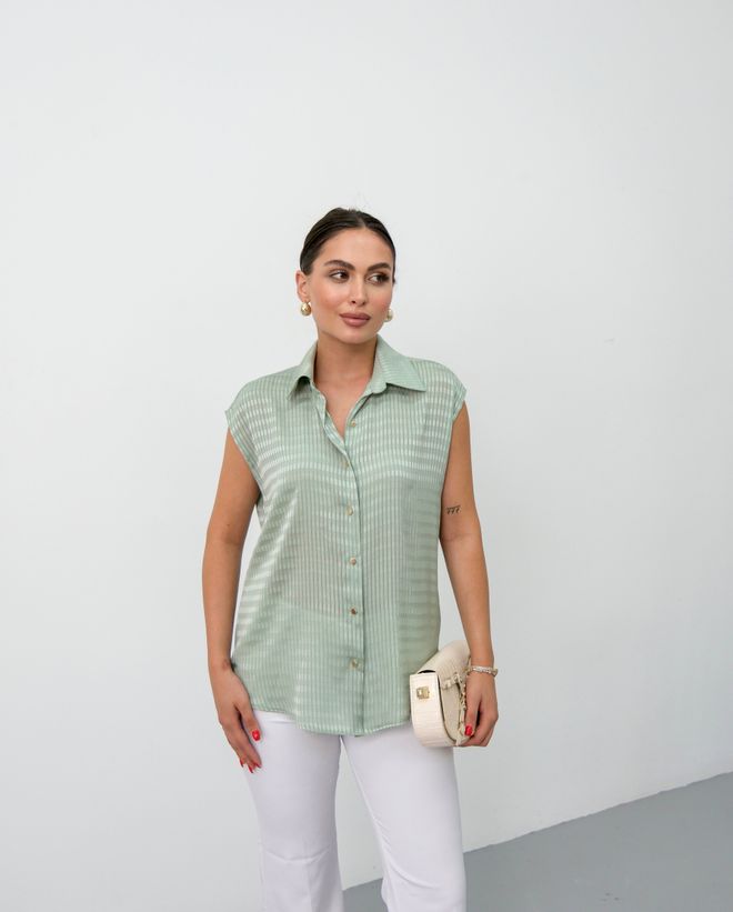 STEPS Chemise Rayée Verte Décontractée Élégante Avec Col Polo Vêtements en gros Décontracté