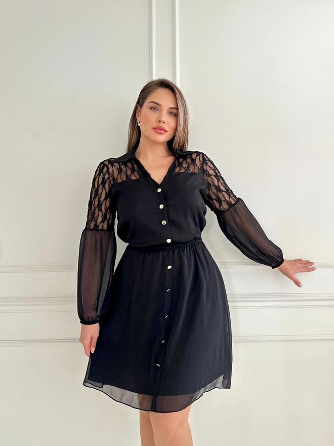 STEPS Siyah Zarif Fit & Flare Mini Elbise Toptan Giyim Nostaljik