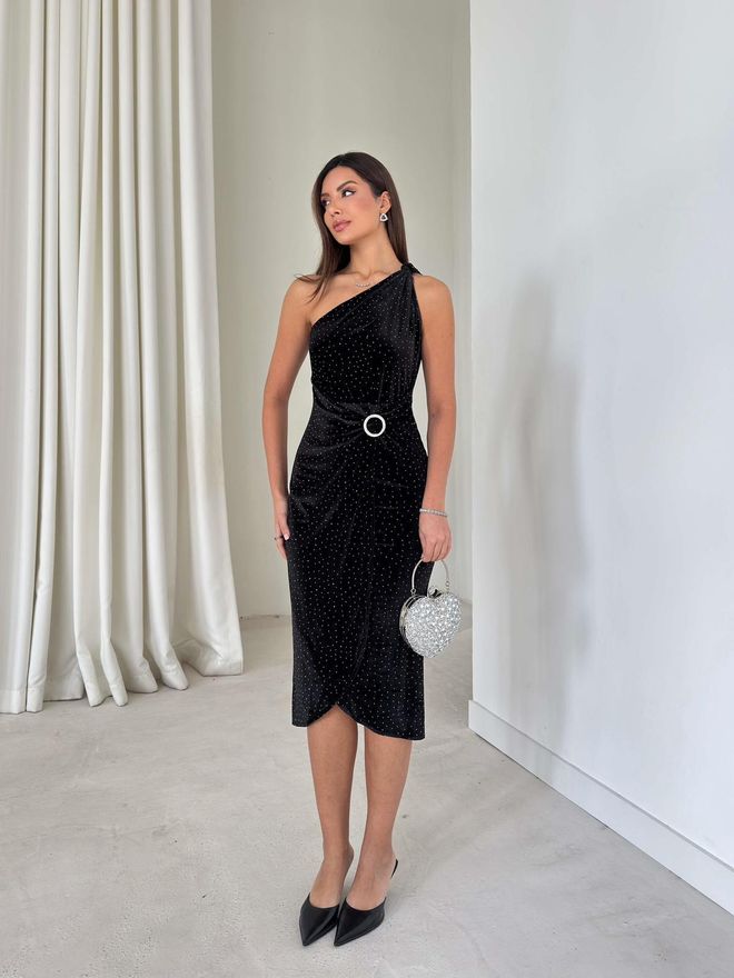 STEPS Siyah Glam Elbise Fit & Düz Tek Omuz Yaka Toptan Giyim Seksi