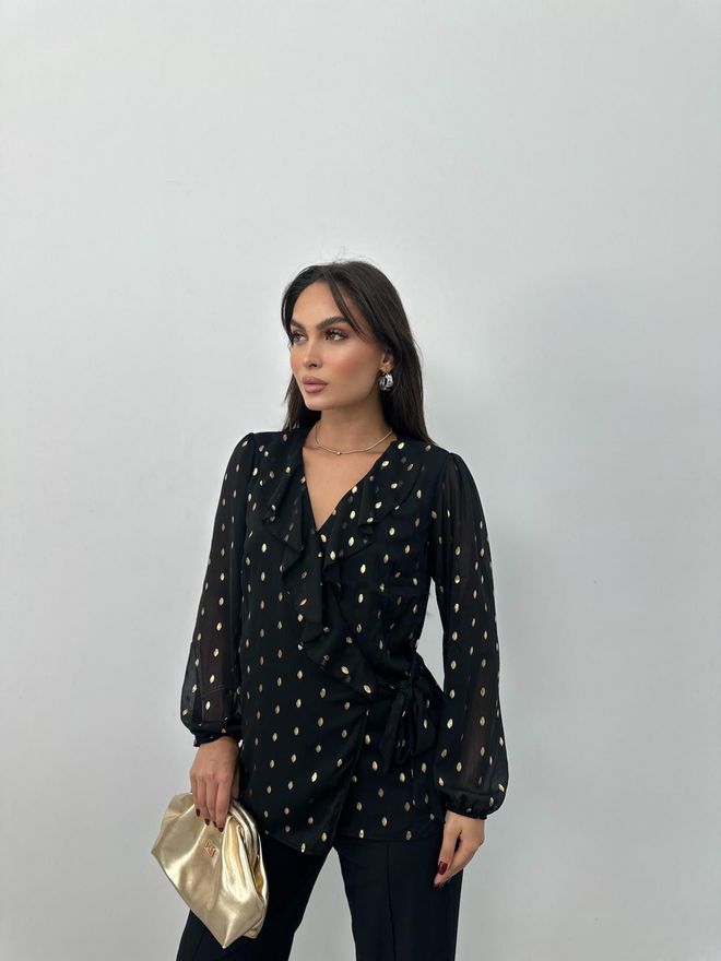 STEPS Juoda Eleganti Palaidinė Su Polka Dot Raštu Ir Baliono Formos Rankovėmis Didmeninė prekyba drabužiais Vintažinis