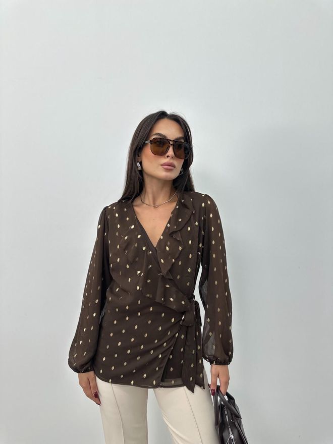 STEPS Ruda Palaidinė Su Taškeliais V Formos Iškirpte Ir Ilgomis Rankovėmis Didmeninė prekyba drabužiais Kokteilinė