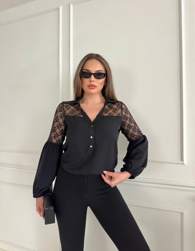 STEPS Κομψό Μαύρο Πουκάμισο Με V λαιμόκοψη Και Φουσκωτά Μανίκια Χονδρικό εμπόριο ενδυμάτων Casual