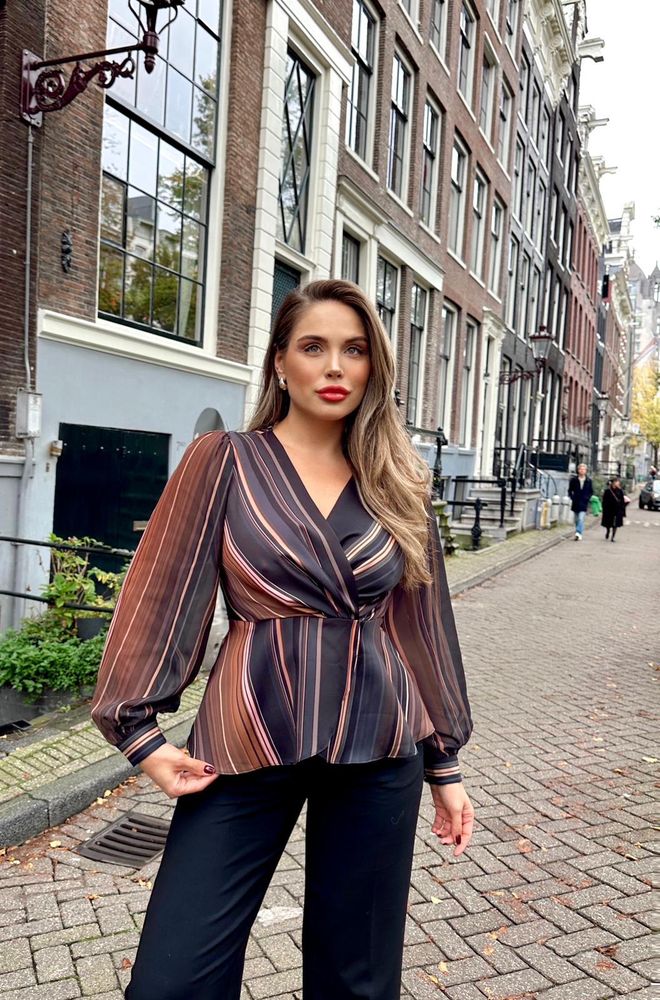 STEPS Črna Elegantna Črtasta Bluza Z V izrezom Oblačila na debelo Ležerno