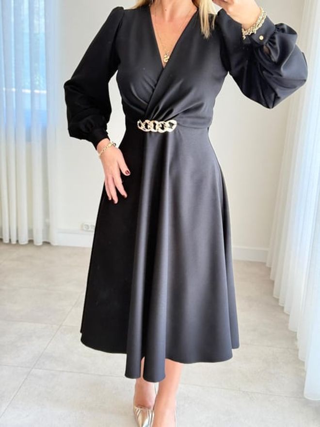 STEPS Vestito Nero Elegante A Portafoglio Con Maniche A Palloncino Abbigliamento all'ingrosso Modesto