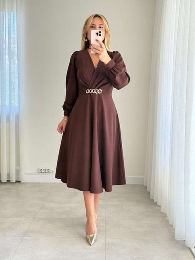 STEPS Κομψό Καφέ Ταπεινό Wrap Φόρεμα Με V λαιμόκοψη Χονδρικό εμπόριο ενδυμάτων Απλό