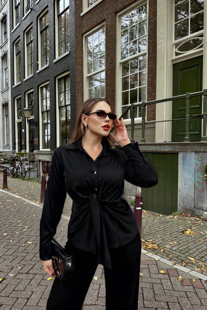 STEPS Μαύρο Κομψό Εφαρμοστό Πουκάμισο Με Λαιμόκοψη Με Εγκοπές Χονδρικό εμπόριο ενδυμάτων Casual