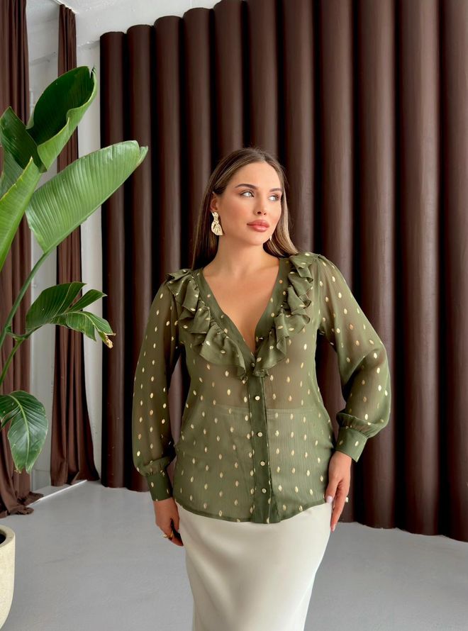 STEPS Πουκάμισο Πράσινο Με Πουά Κομψό Χονδρικό εμπόριο ενδυμάτων Casual