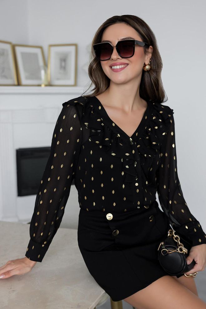 STEPS Κομψό Μαύρο Πουκάμισο Με Πουά Χονδρικό εμπόριο ενδυμάτων Casual