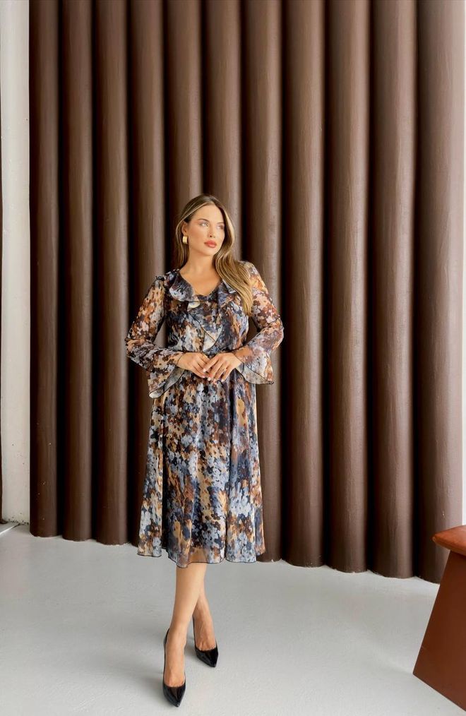 STEPS Vestito Marrone Elegante A line Midi Con Maniche Lunghe Abbigliamento all'ingrosso Modesto