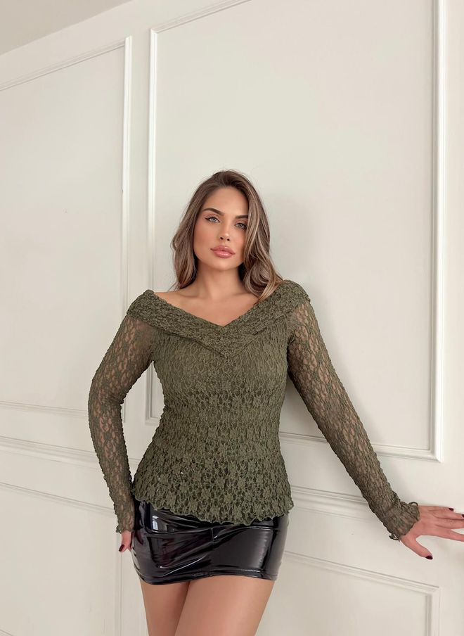 STEPS Zelena Ozek Model Bluze Z V izrezom In Dolgimi Rokavi Oblačila na debelo Ležerno