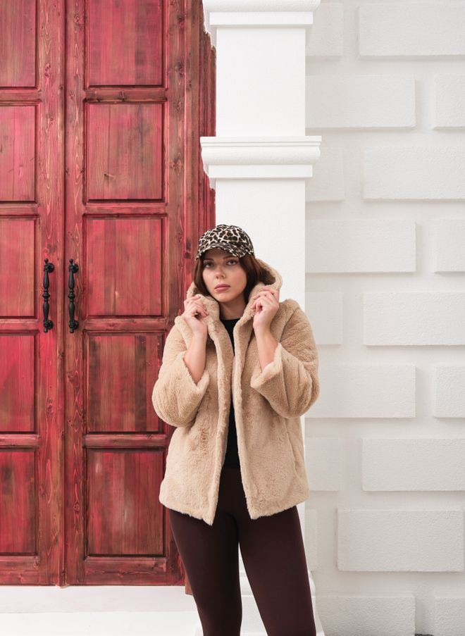 See More Beige Fur Hooded Coat With Snap Closure Wholesale Clothing 1