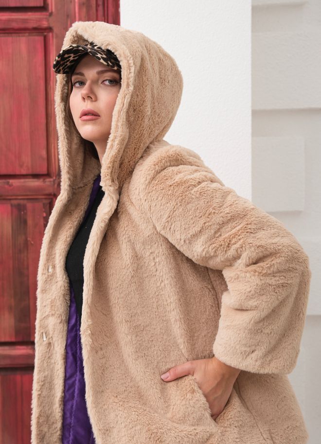 See More Beige Fur Hooded Coat With Snap Closure Wholesale Clothing Lounge