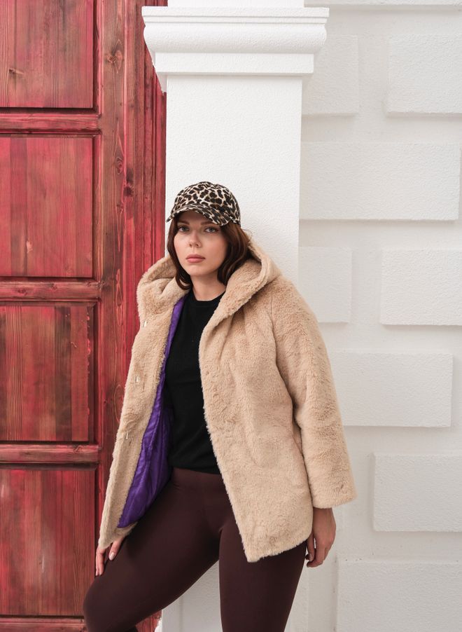 See More Beige Fur Hooded Coat With Snap Closure Wholesale Clothing Winter