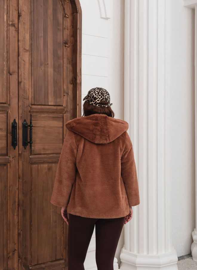 See More Brown Fur Hooded Coat With Button Closure Wholesale Clothing 1