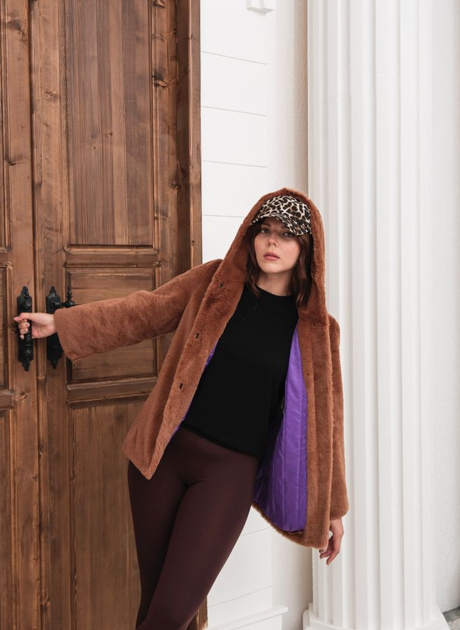 See More Brown Fur Hooded Coat With Button Closure Wholesale Clothing Winter