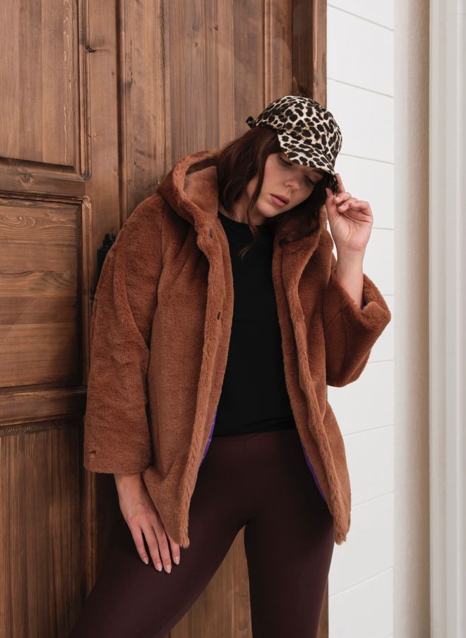 See More Brown Fur Hooded Coat With Button Closure Wholesale Clothing Lounge