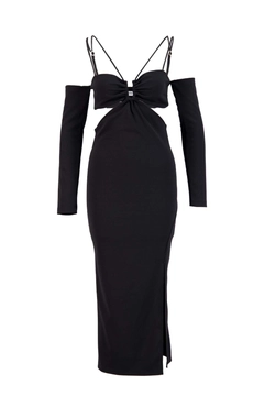 Bir model, Setre toptan giyim markasının 31707 - Dress - Black toptan Elbise ürününü sergiliyor.