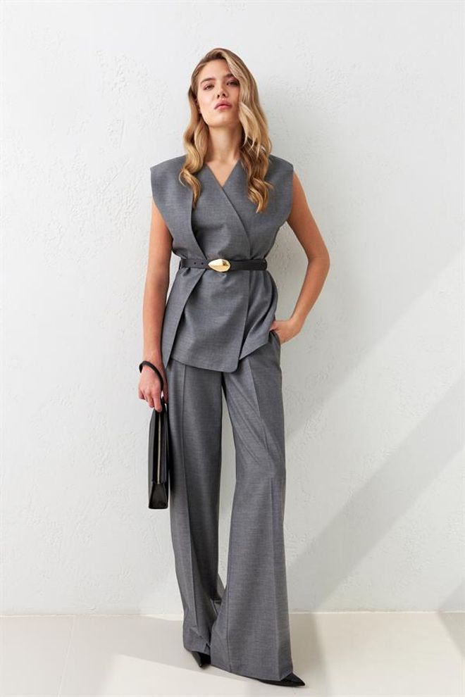 Setre Asimetrik Kapama Belden Kemer Detaylı Yelek Gri Îmbrăcăminte cu ridicata 0