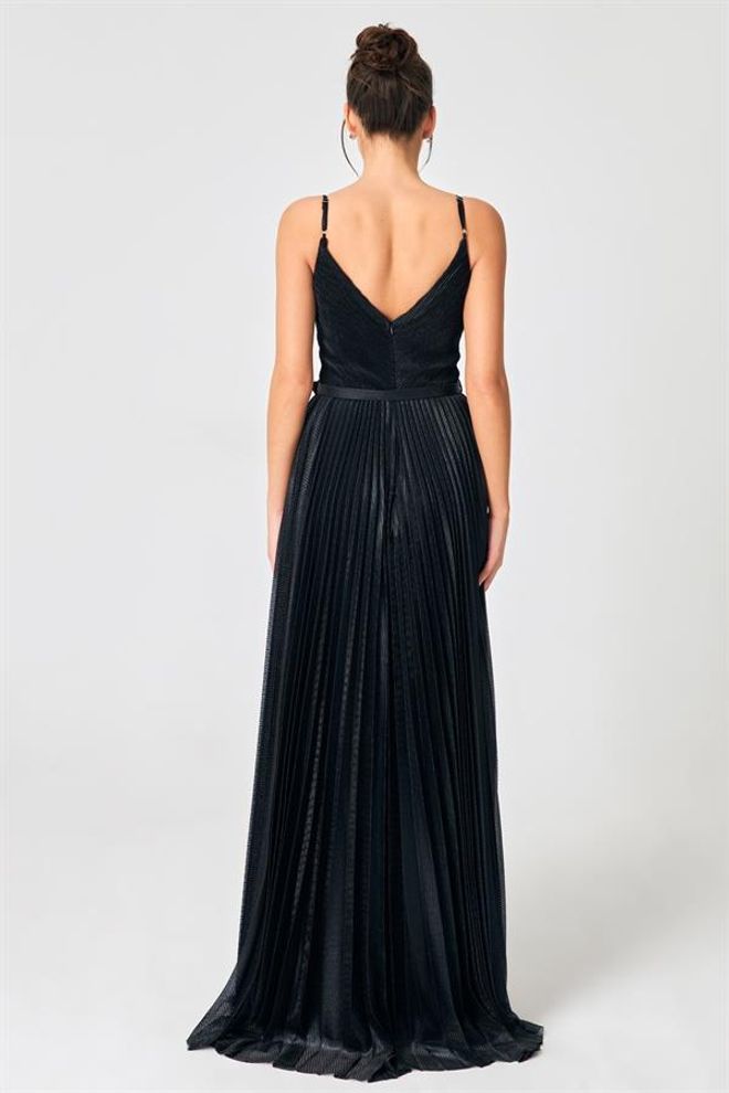 Setre Silver Belt And Pleat Detail V Neck Evening Dress Black Wholesale Clothing Wedding