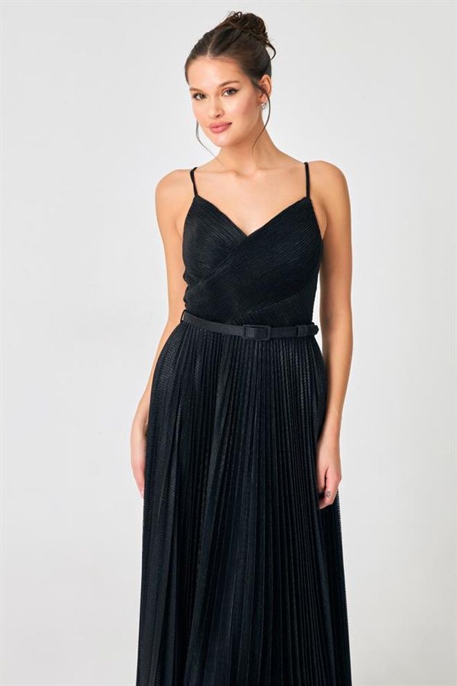Setre Silver Belt And Pleat Detail V Neck Evening Dress Black Wholesale Clothing Polyester