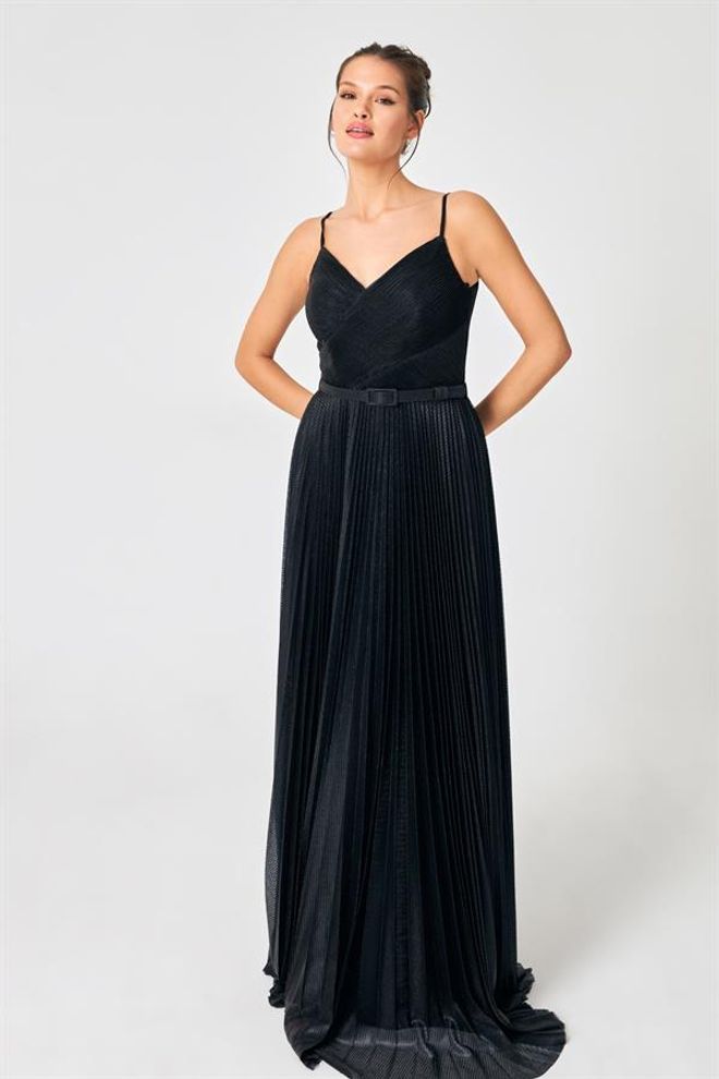 Setre Silver Belt And Pleat Detail V Neck Evening Dress Black Wholesale Clothing Spring