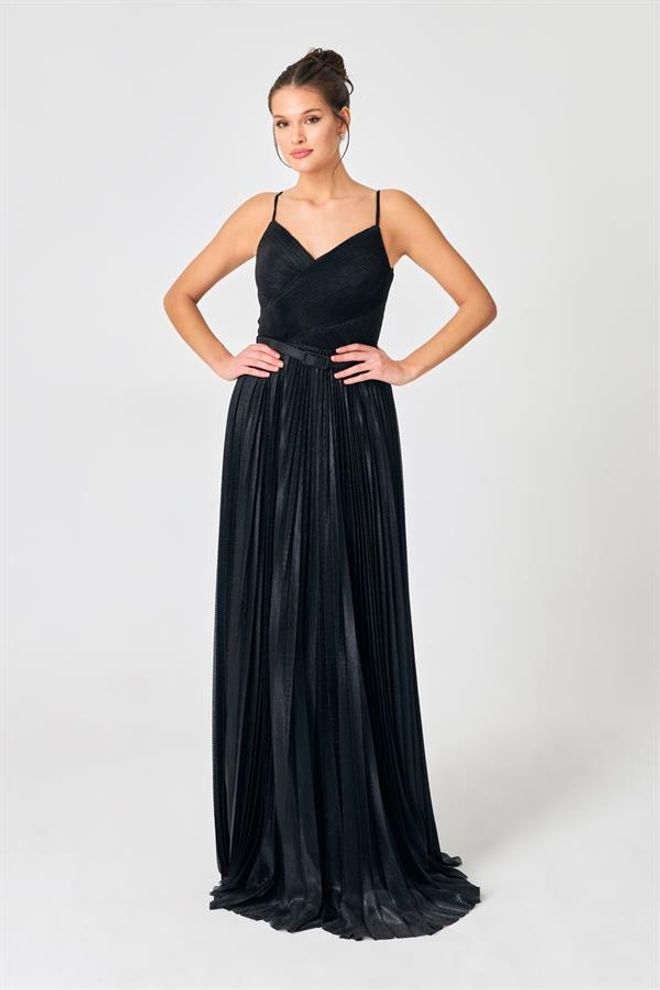 Setre Vestido De Noite Com Cinto Prateado E Detalhe De Pregas Com Decote Em V Preto Roupas por atacado Elegante