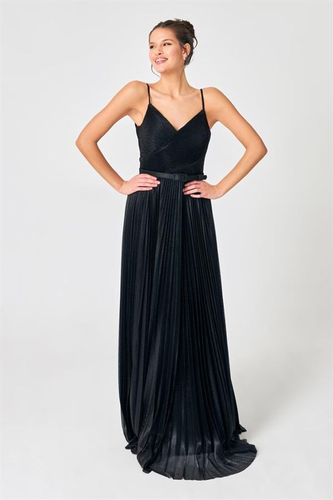 Setre Silver Belt And Pleat Detail V Neck Evening Dress Black Wholesale Clothing Formal