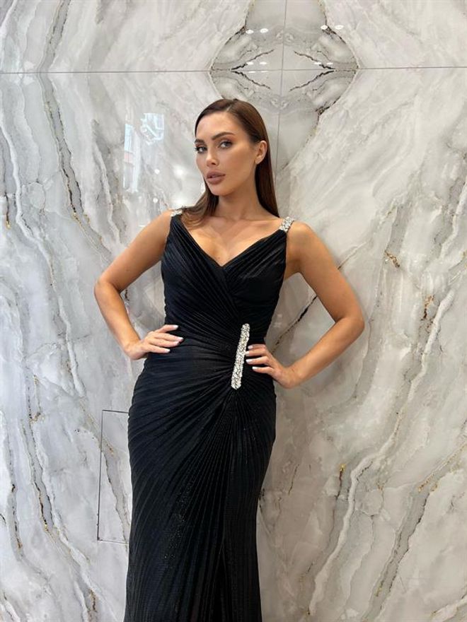 Setre Asimetrik Yaka Taş Detaylı Pileli Yırtmaçlı Midi Boy Abiye Elbise Siyah Wholesale Clothing Polyester