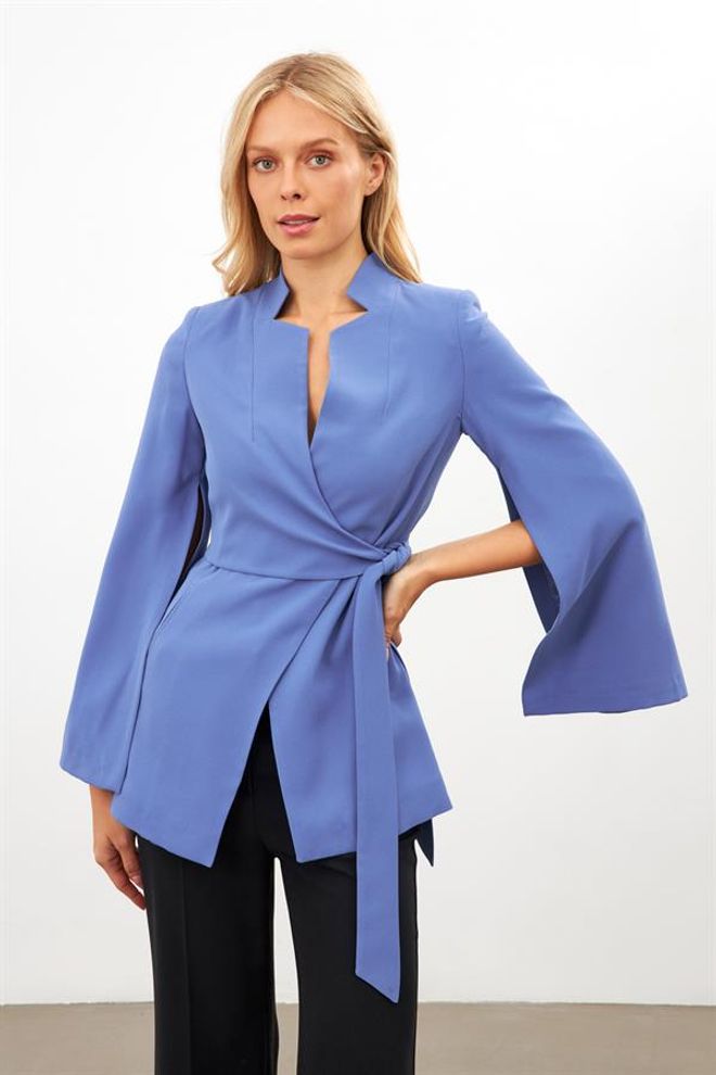 Setre Sleeve Detailed Waist Tie Detailed Jacket Blue Wholesale Clothing Formal