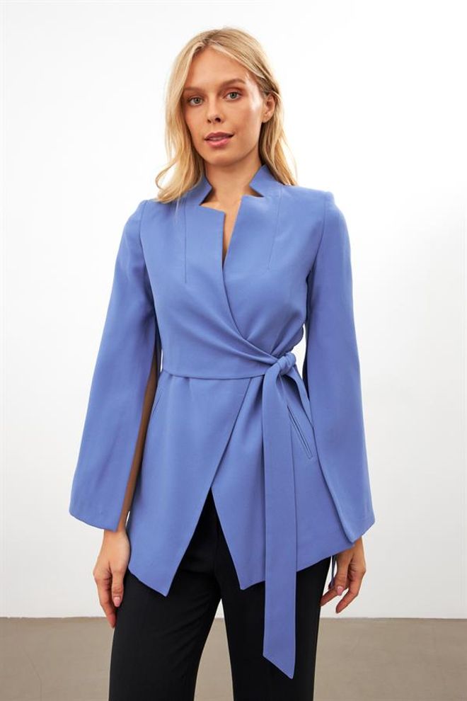 Setre Sleeve Detailed Waist Tie Detailed Jacket Blue Wholesale Clothing 4