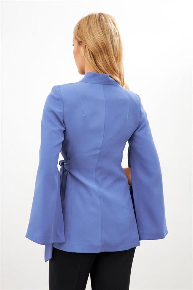 Setre Sleeve Detailed Waist Tie Detailed Jacket Blue Wholesale Clothing 2