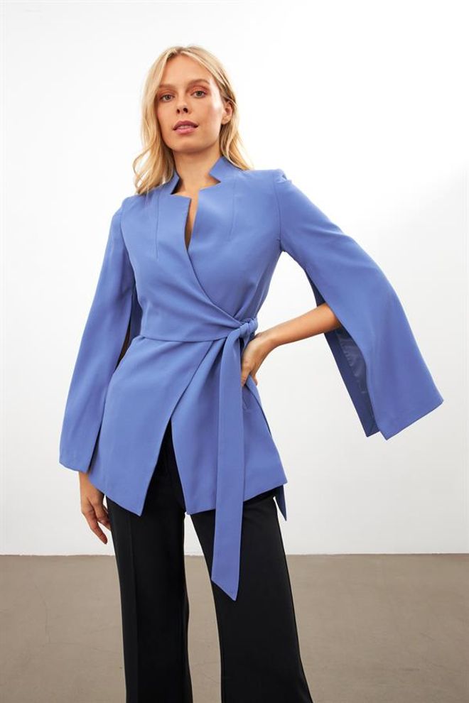 Setre Sleeve Detailed Waist Tie Detailed Jacket Blue Wholesale Clothing Fall