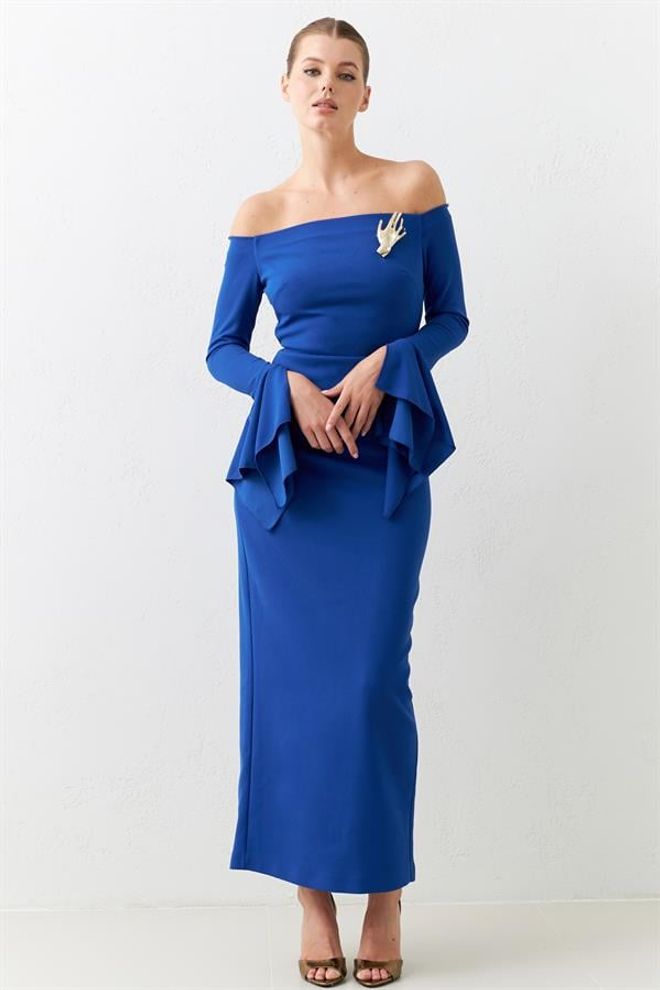 Setre Там Калıп Омуз Ве Кол Детаилı Миди Бои Елбисе Мави Велепродаја одеће Елегантан