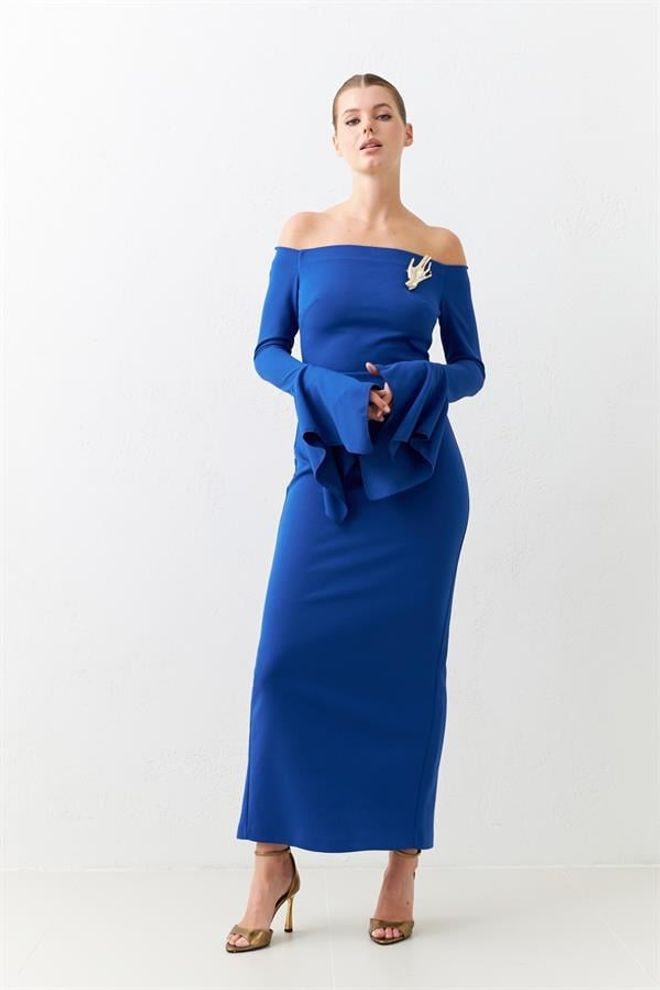 Setre Tam Kalıp Omuz Ve Kol Detaylı Midi Boy Elbise Mavi Wholesale Clothing Polyester