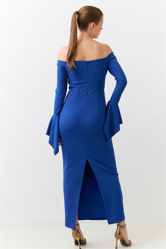 Setre Tam Kalıp Omuz Ve Kol Detaylı Midi Boy Elbise Mavi Wholesale Clothing Birthday