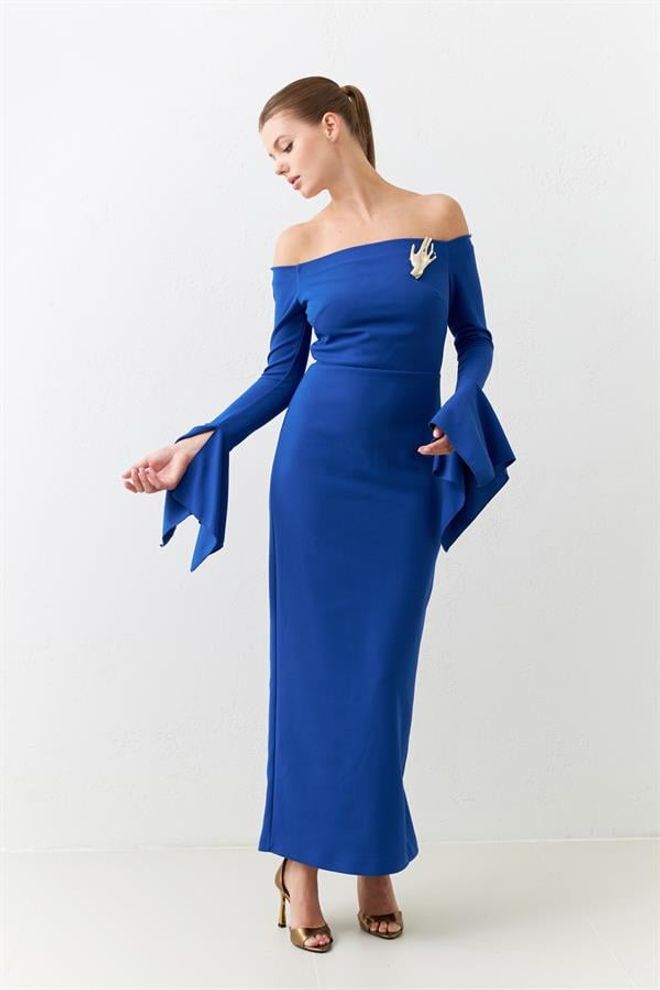 Setre Tam Kalıp Omuz Ve Kol Detaylı Midi Boy Elbise Mavi Wholesale Clothing Formal