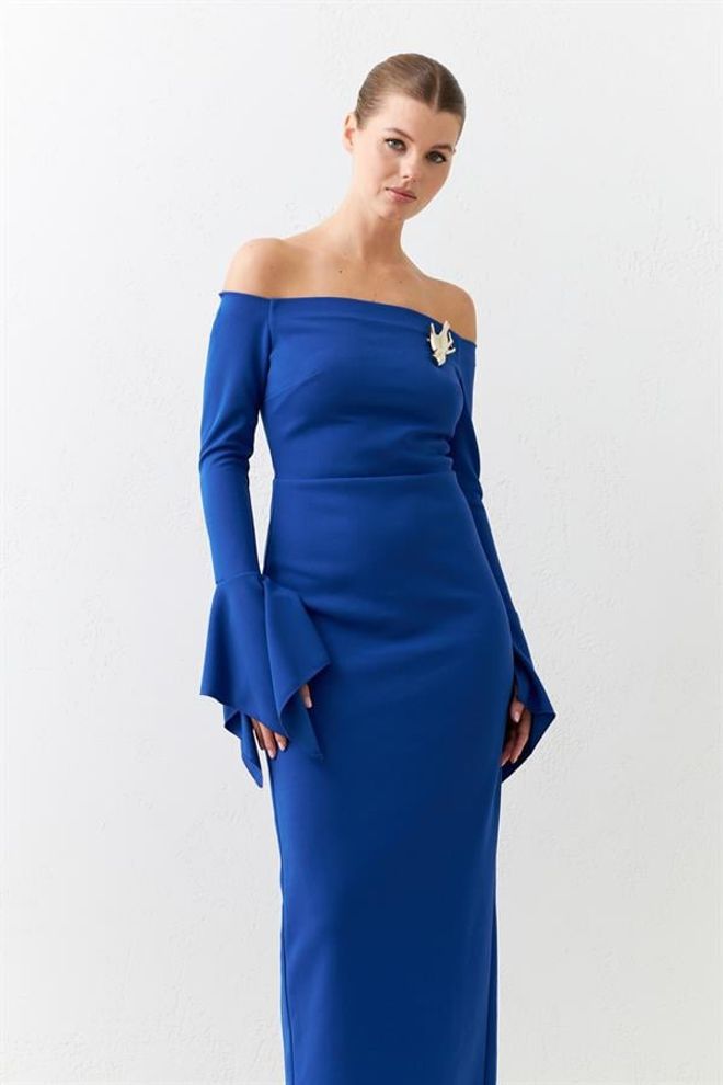 Setre Tam Kalıp Omuz Ve Kol Detaylı Midi Boy Elbise Mavi Wholesale Clothing Fall
