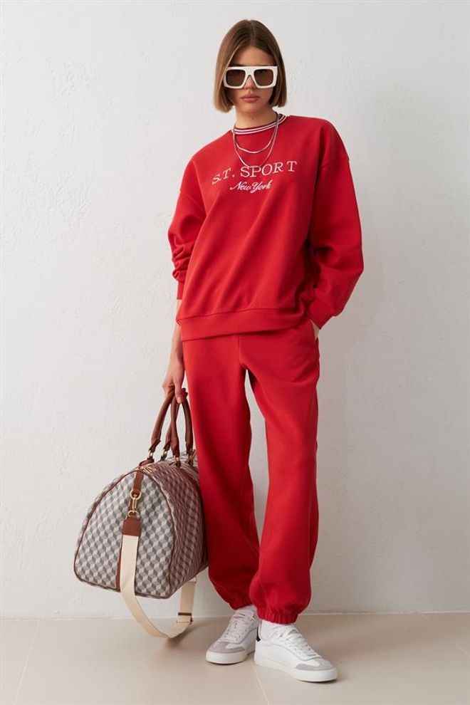 Setre Yaka Detaylı Uzun Kollu Baskı Detaylı Sweatshirt Kırmızı Toptan Giyim Gündelik