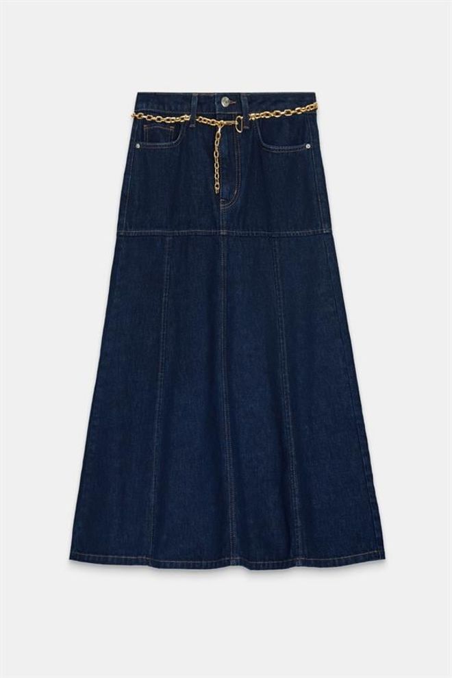 Setre Midi lengte Spijkerrok Met Kettingriem En Stikseldetail Marineblauw Groothandel Kleding 0