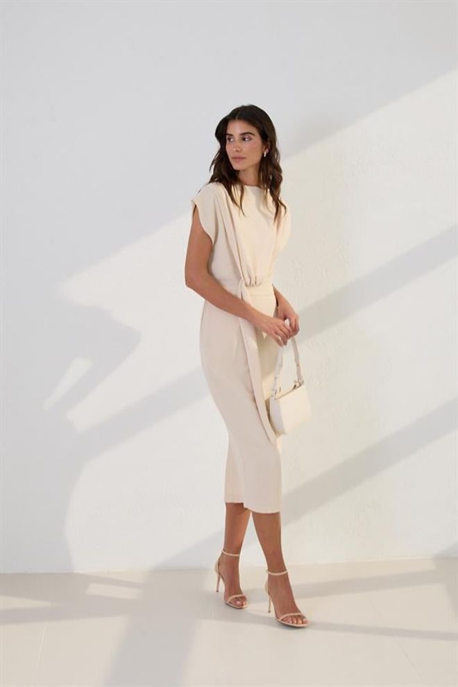 Setre Belden Bağlama Detaylı Salaş Yaka Detaylı Midi Boy Elbise Bej Toptan Giyim 0