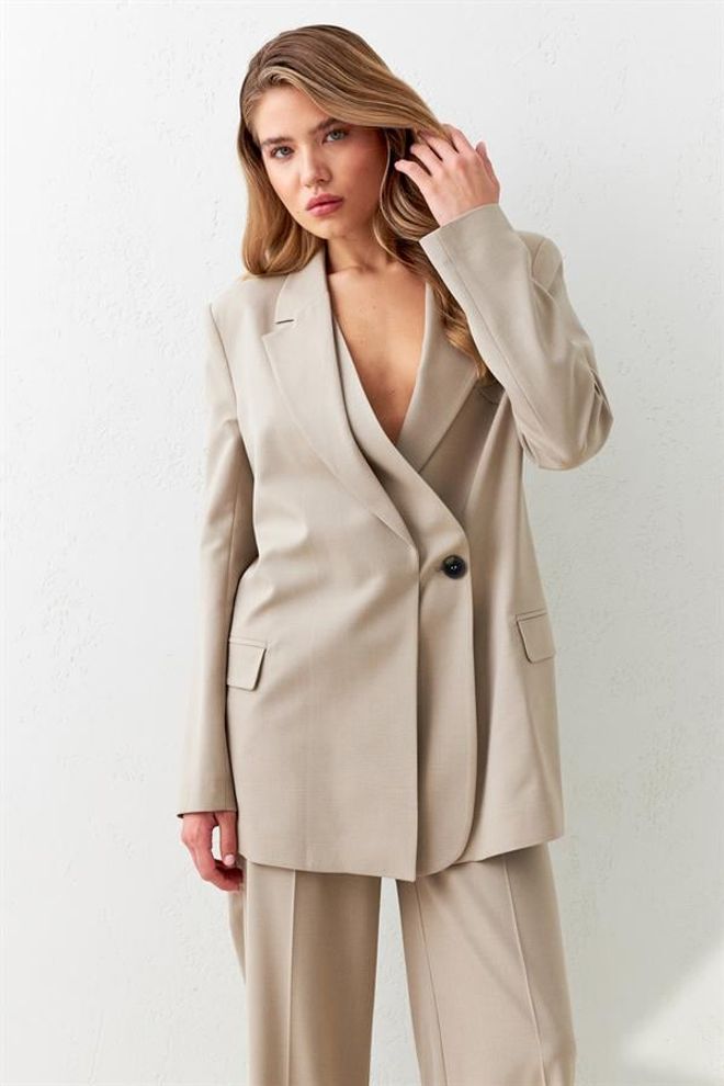 Setre Jachetă Lungă Detaliată Cu Nasturi Asimetrice Bej Îmbrăcăminte cu ridicata Formal
