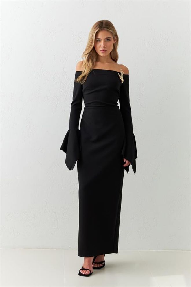 Setre Vestido Midi Completo Com Detalhes De Ombro E Manga Preto Roupas por atacado Elegante