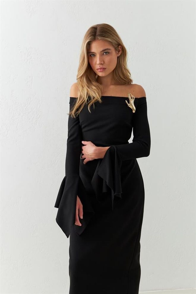 Setre Full Fit Shoulder And Sleeve Detailed Midi Dress Black Wholesale Clothing Fall