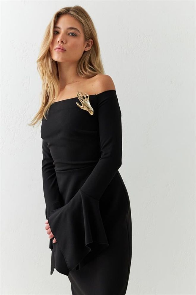 Setre Full Fit Shoulder And Sleeve Detailed Midi Dress Black Wholesale Clothing Polyester